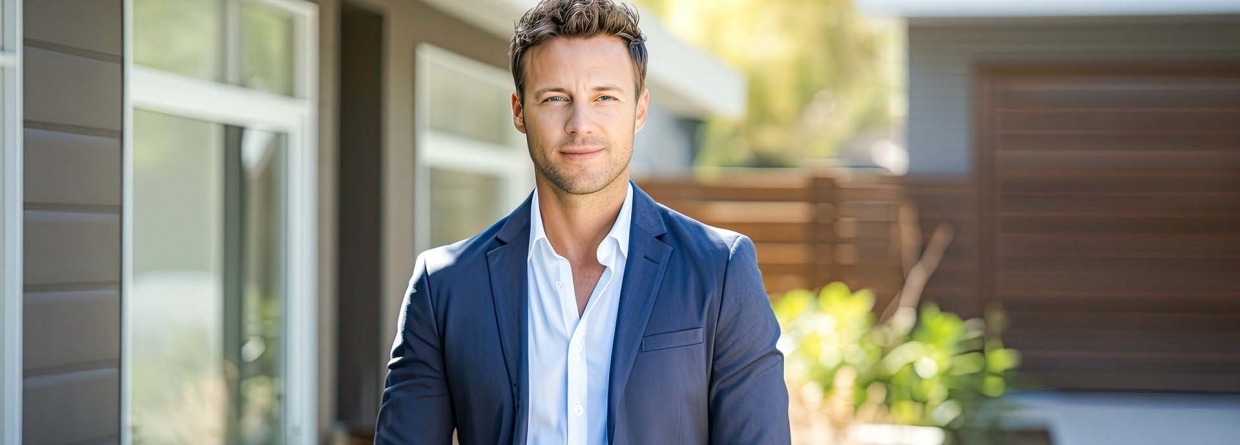 Ondernemer staat voor een woning